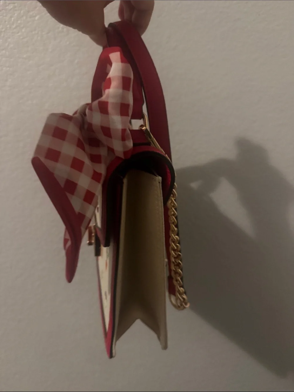 Aldo Cream Canvas Satchel with Red Trim & Gingham Bow